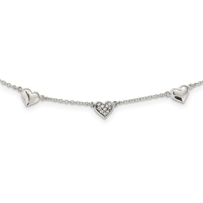 Sterling Silver Antiqued Cz Heart 17.5In W/2In Ext Necklace