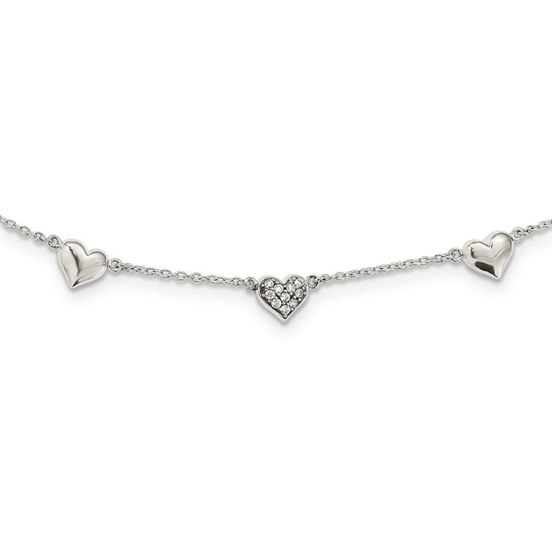 Sterling Silver Antiqued Cz Heart 17.5In W/2In Ext Necklace