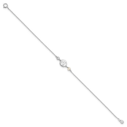 7.5 Inch Sterling Silver Rhodium-Plated Cz Fw Cultured Pearl W/ Hearts Bracelet