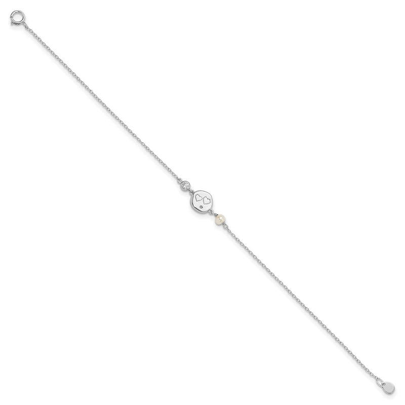 7.5 Inch Sterling Silver Rhodium-Plated Cz Fw Cultured Pearl W/ Hearts Bracelet