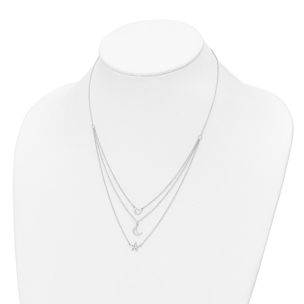 Sterling Silver Rhodium-Plated Heart, Moon, Star W/2 In Ext. Necklace
