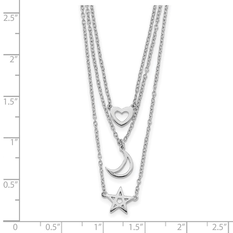 Sterling Silver Rhodium-Plated Heart, Moon, Star W/2 In Ext. Necklace