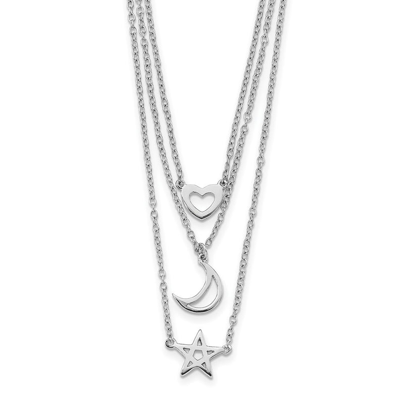 Sterling Silver Rhodium-Plated Heart, Moon, Star W/2 In Ext. Necklace