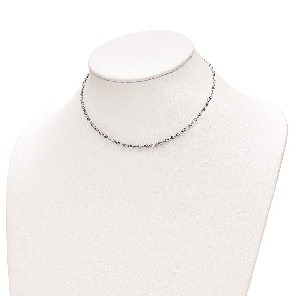 Sterling Silver Rhodium-Plated Polished Multi-Color Cz W/3 In Ext Choker
