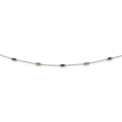 Sterling Silver Rhodium-Plated Polished Multicolor Cz Necklace