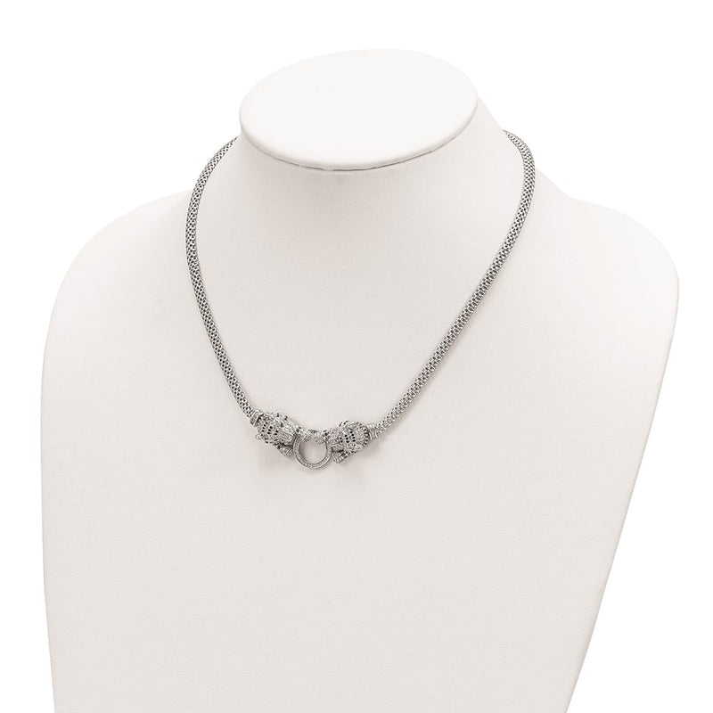 Sterling Silver Rhodium-Plated Polished Tigers Holding Ring Cz Necklace