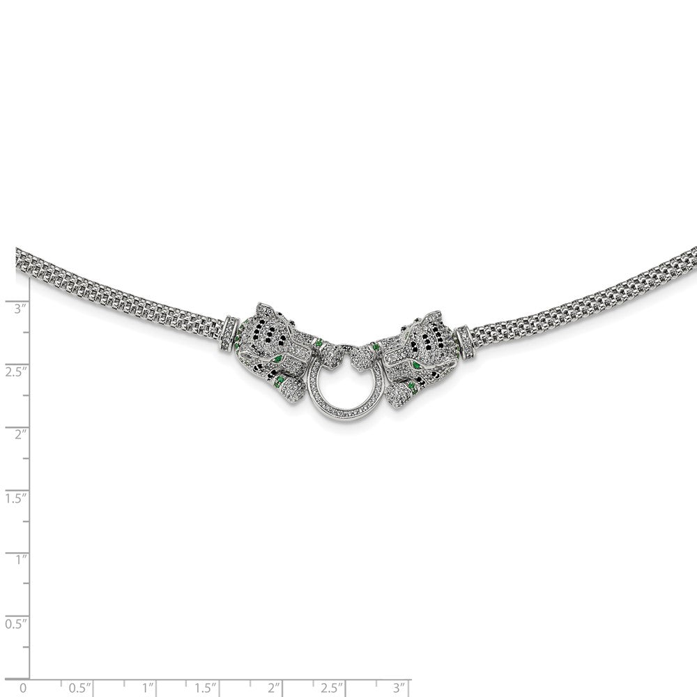 Sterling Silver Rhodium-Plated Polished Tigers Holding Ring Cz Necklace