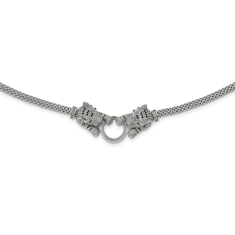 Sterling Silver Rhodium-Plated Polished Tigers Holding Ring Cz Necklace
