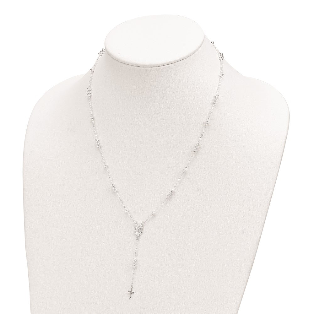 Sterling Silver Polished Mary And Cross Y-Drop 1.75In Ext. Necklace