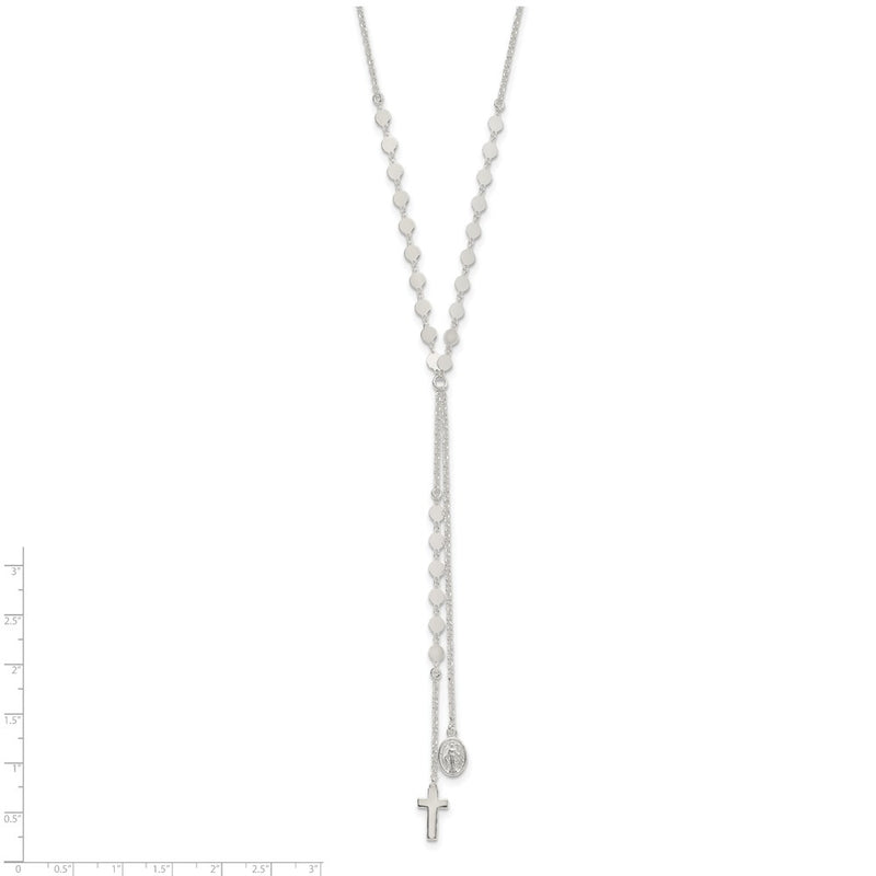 Sterling Silver Polished Miraculous Medal And Cross Drop Necklace
