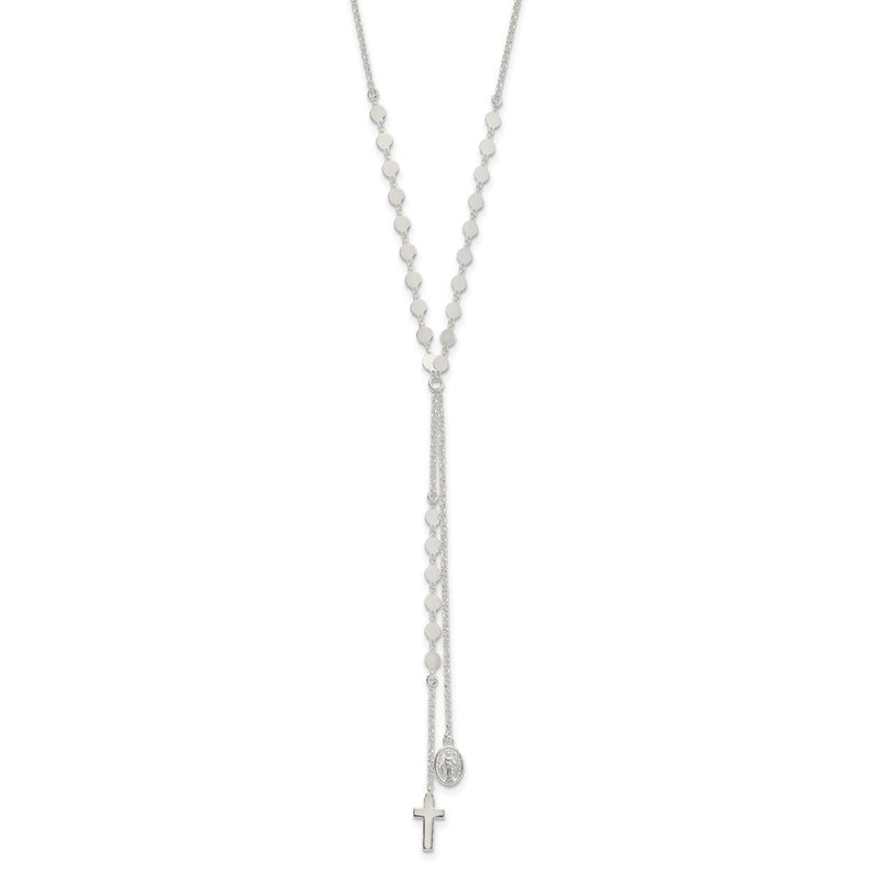 Sterling Silver Polished Miraculous Medal And Cross Drop Necklace