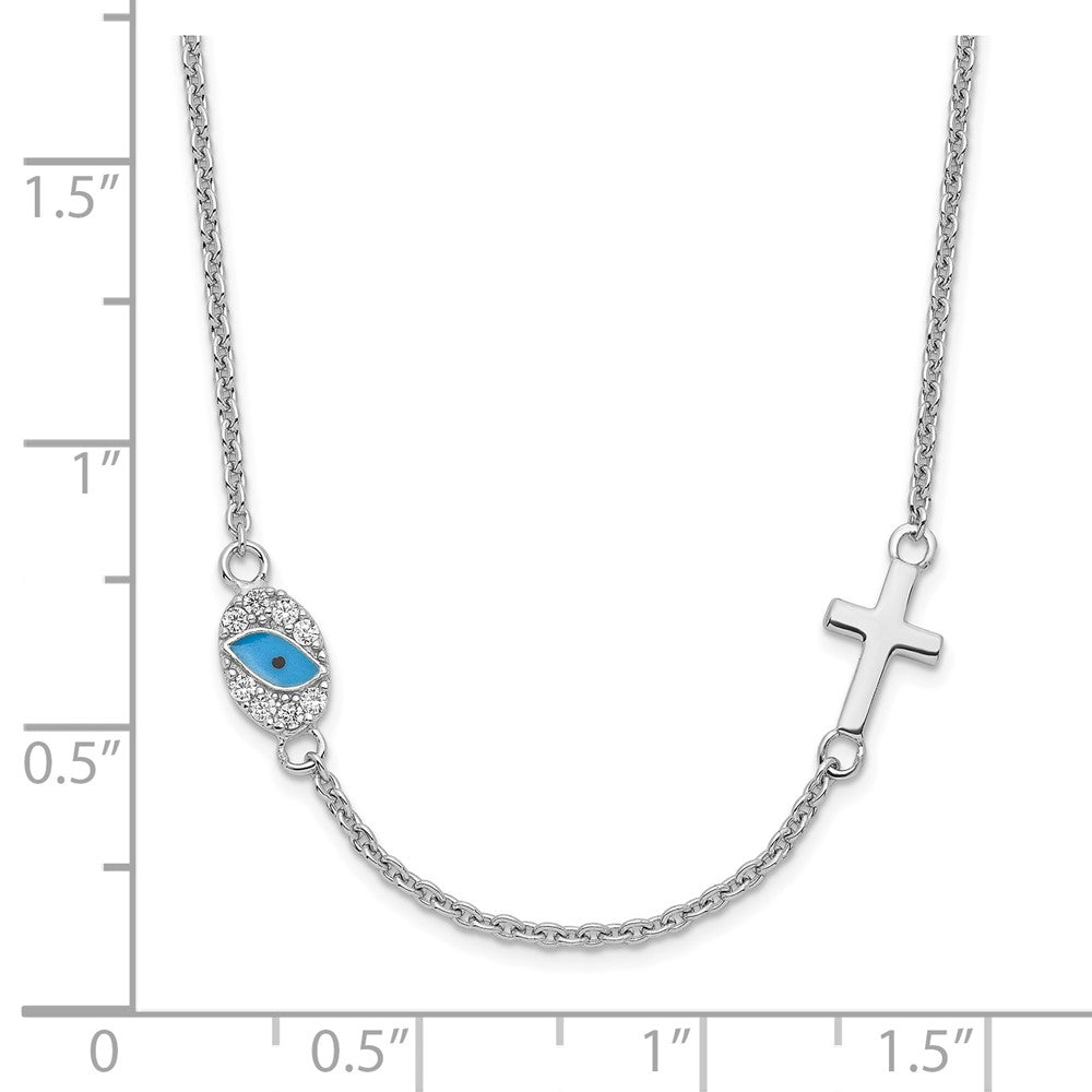 Sterling Silver Rh Cz Enamel Cross W/Eye 16.5In W/2In Ext Necklace