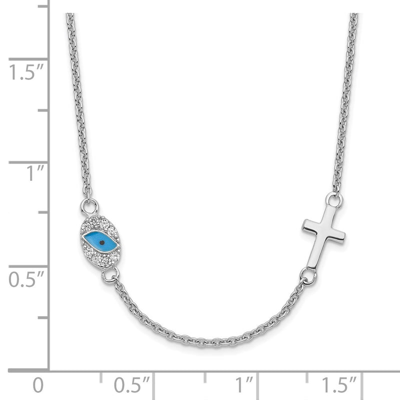 Sterling Silver Rh Cz Enamel Cross W/Eye 16.5In W/2In Ext Necklace