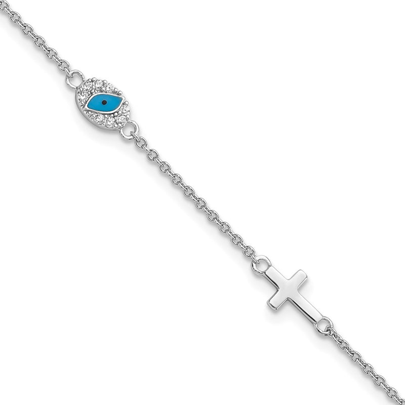 7.5 Inch Sterling Silver Rh Cz Enamel Cross W/Eye 6.5In W/1In Ext Bracelet