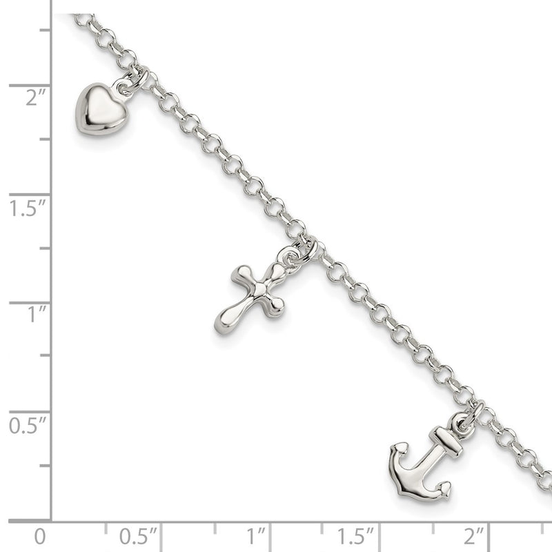 7.5 Inch Sterling Silver Cross, Anchor, Heart Bracelet
