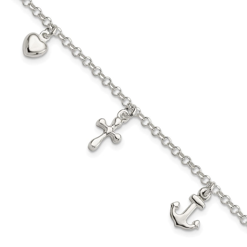 7.5 Inch Sterling Silver Cross, Anchor, Heart Bracelet