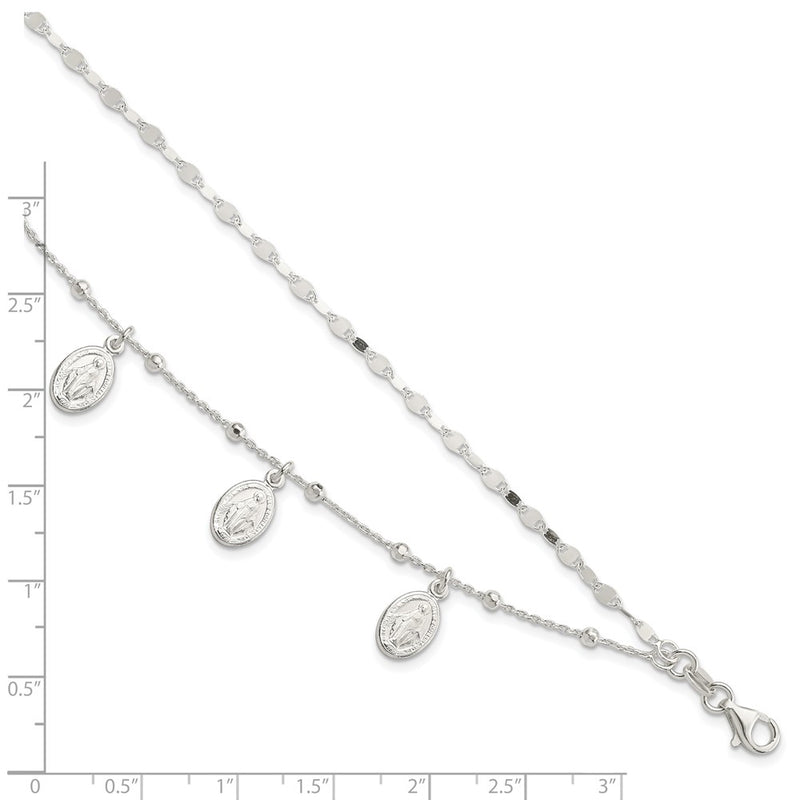 8 Inch Sterling Silver Dbl Miraculous Medal W/1 In Ext. Bracelet