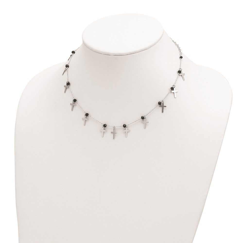 Sterling Silver Rhodium-Plated Black Crystal Cross W/ 1.25In Ext. Necklace