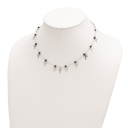 Sterling Silver Rhodium-Plated Black Crystal Cross W/ 1.25In Ext. Necklace
