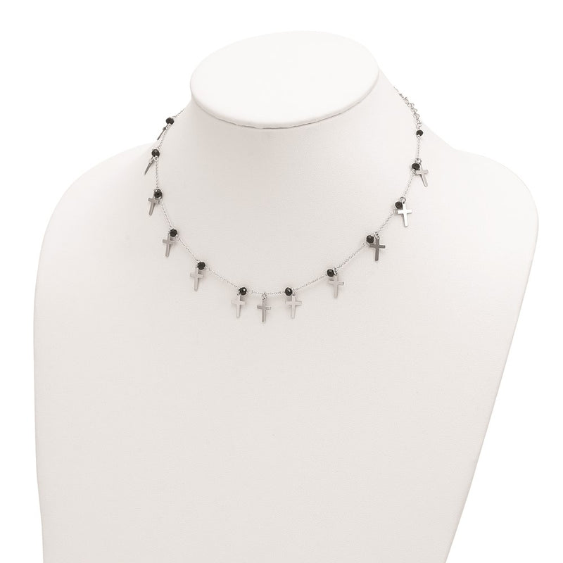 Sterling Silver Rhodium-Plated Black Crystal Cross W/ 1.25In Ext. Necklace