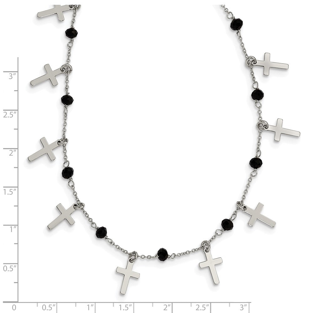 Sterling Silver Rhodium-Plated Black Crystal Cross W/ 1.25In Ext. Necklace