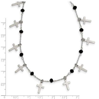 Sterling Silver Rhodium-Plated Black Crystal Cross W/ 1.25In Ext. Necklace
