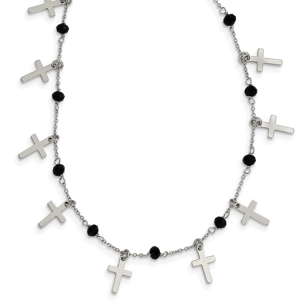 Sterling Silver Rhodium-Plated Black Crystal Cross W/ 1.25In Ext. Necklace