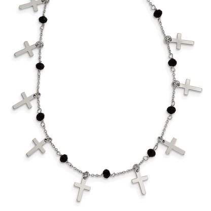 Sterling Silver Rhodium-Plated Black Crystal Cross W/ 1.25In Ext. Necklace