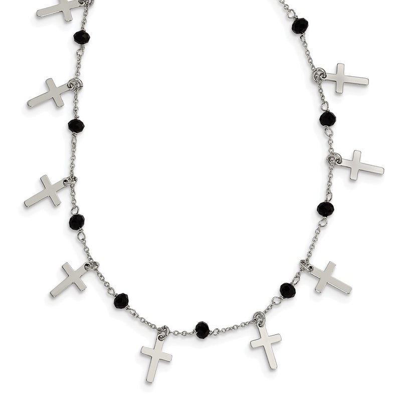 Sterling Silver Rhodium-Plated Black Crystal Cross W/ 1.25In Ext. Necklace