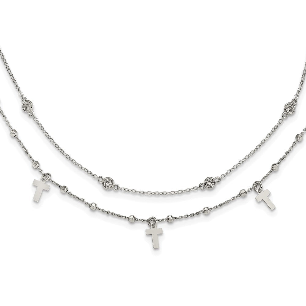 Sterling Silver Rhodium-Plated Polished Cross And Cz W/ 2In Ext. Necklace
