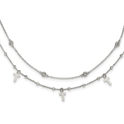 Sterling Silver Rhodium-Plated Polished Cross And Cz W/ 2In Ext. Necklace