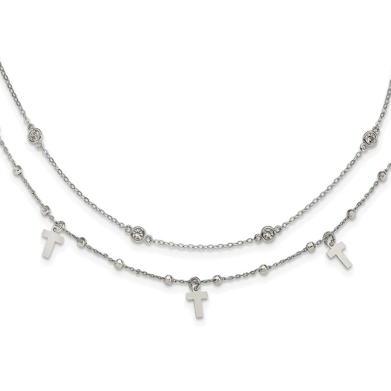 Sterling Silver Rhodium-Plated Polished Cross And Cz W/ 2In Ext. Necklace