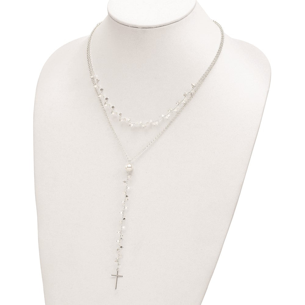 Sterling Silver Polished Cross W/2 In Ext 2-Strand Necklace