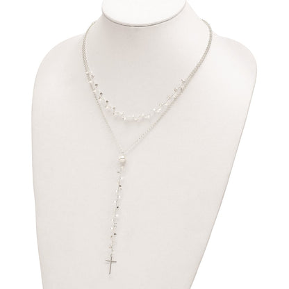 Sterling Silver Polished Cross W/2 In Ext 2-Strand Necklace