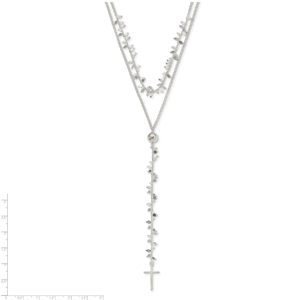 Sterling Silver Polished Cross W/2 In Ext 2-Strand Necklace