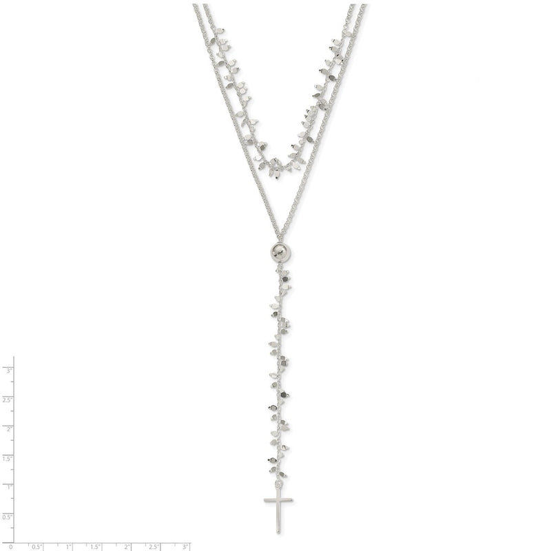 Sterling Silver Polished Cross W/2 In Ext 2-Strand Necklace