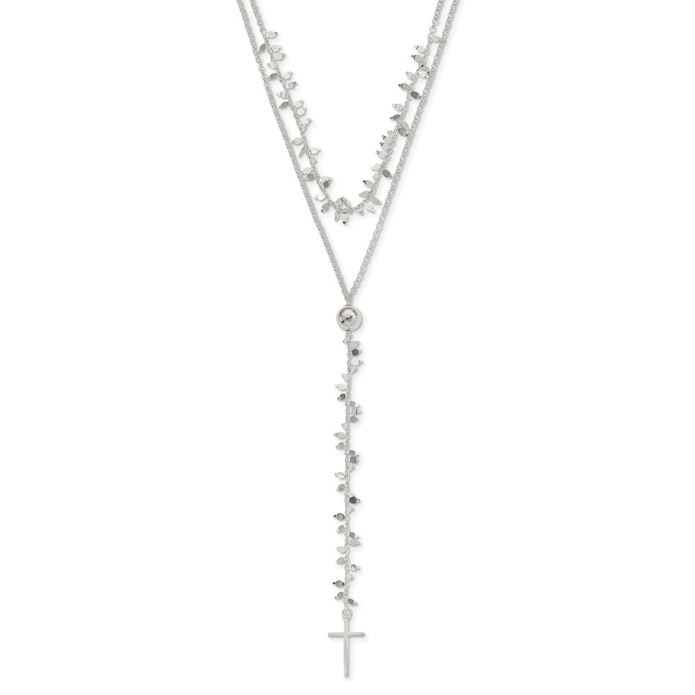 Sterling Silver Polished Cross W/2 In Ext 2-Strand Necklace