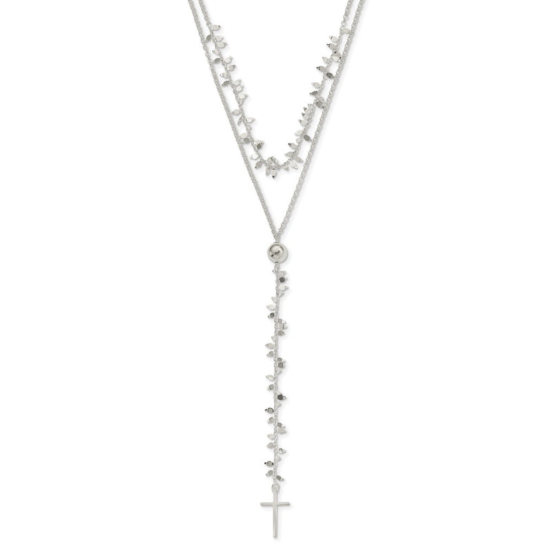 Sterling Silver Polished Cross W/2 In Ext 2-Strand Necklace