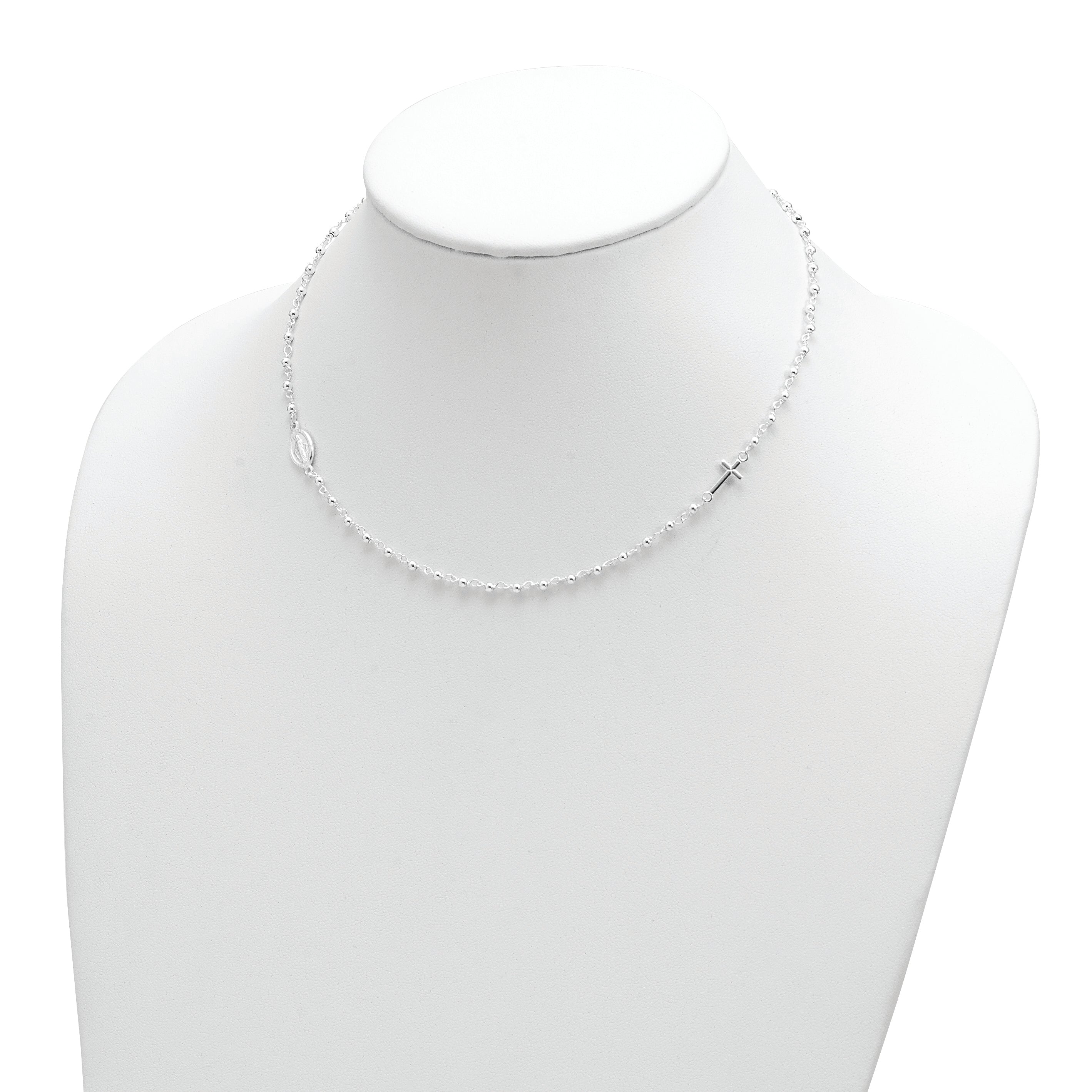 Sterling Silver Medal/Cross W/1.5In Ext. Rosary Necklace