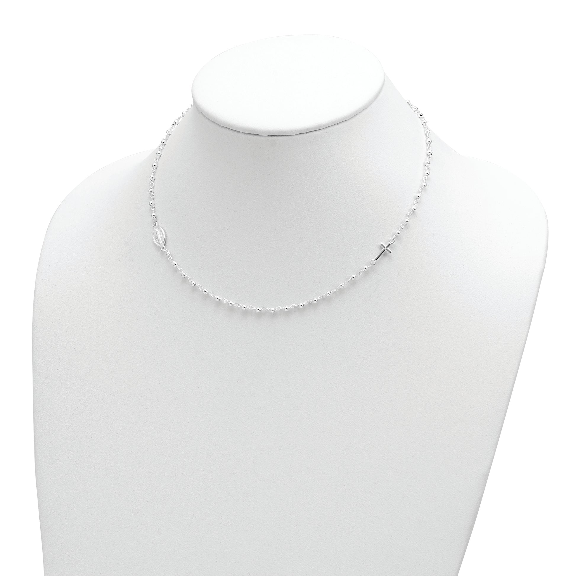Sterling Silver Medal/Cross W/1.5In Ext. Rosary Necklace