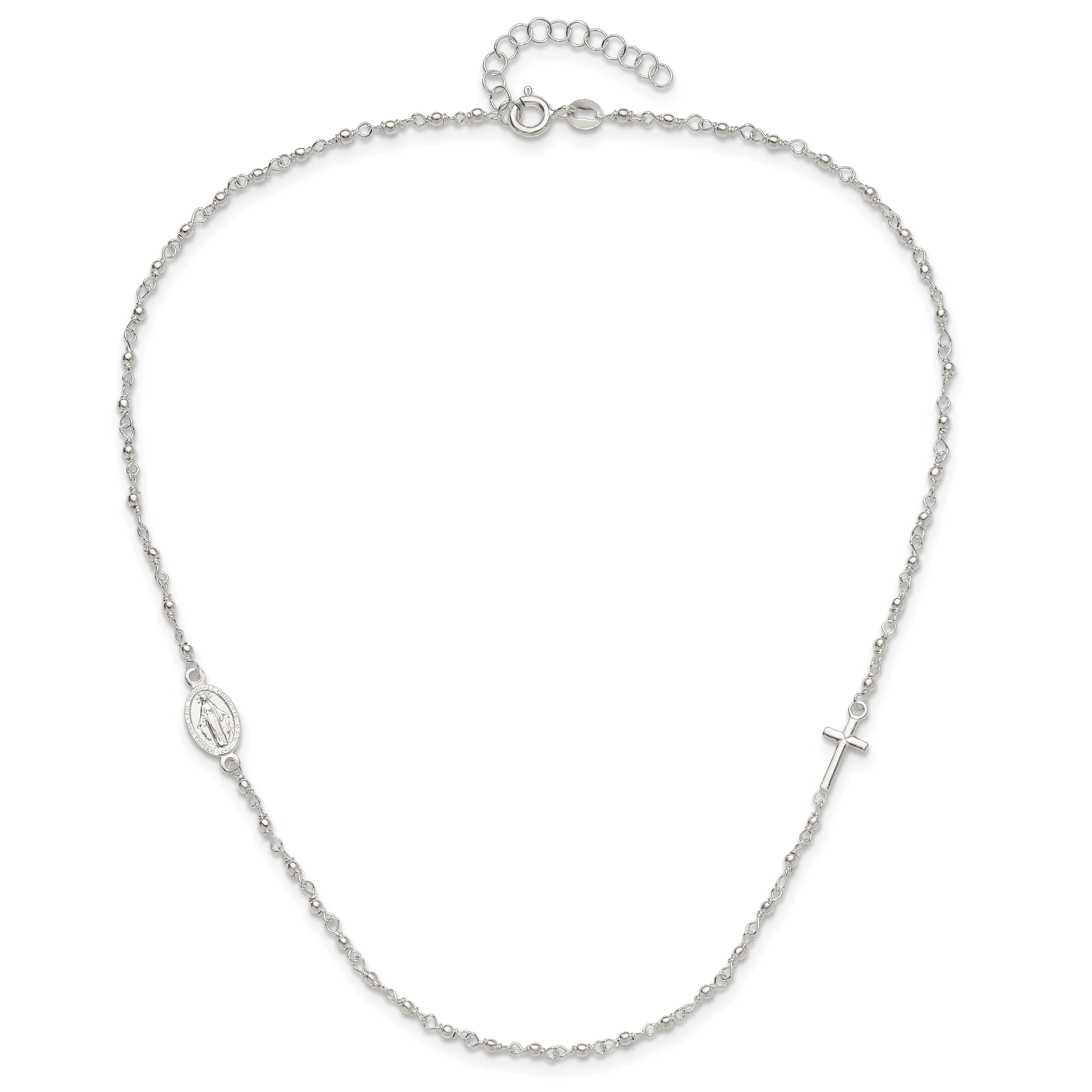 Sterling Silver Medal/Cross W/1.5In Ext. Rosary Necklace