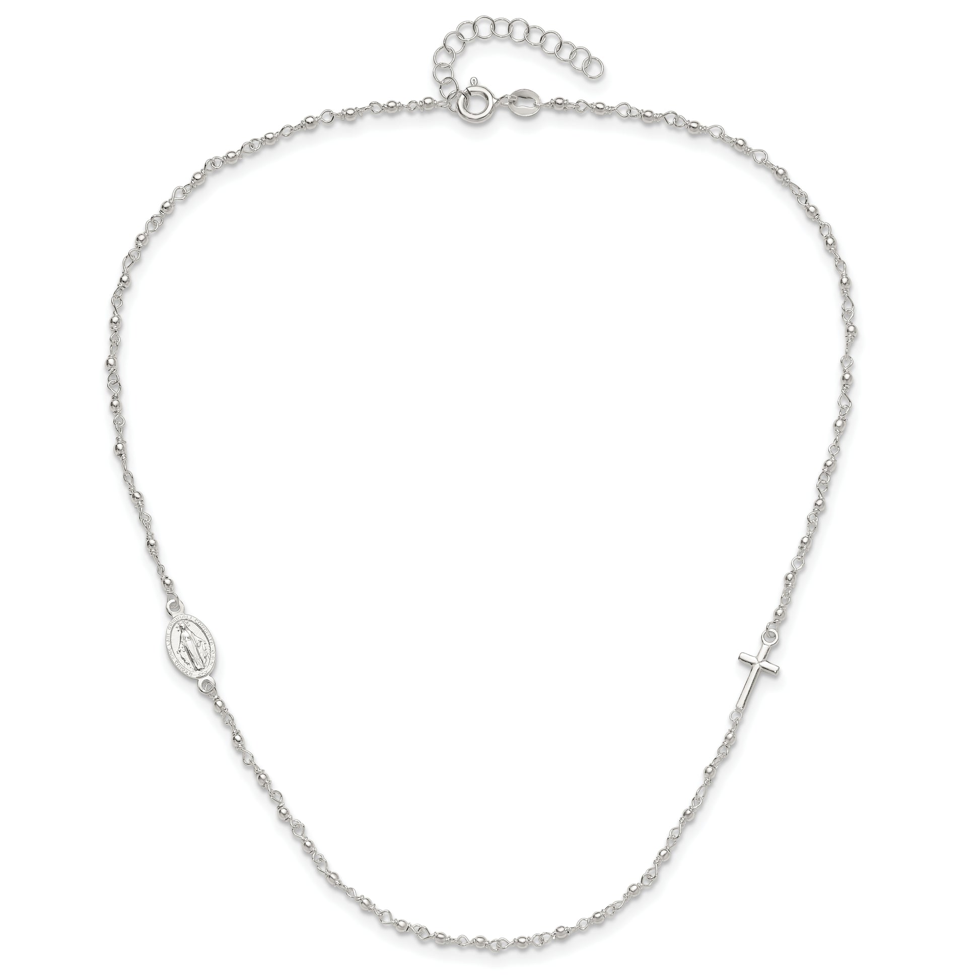 Sterling Silver Medal/Cross W/1.5In Ext. Rosary Necklace