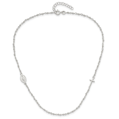 Sterling Silver Medal/Cross W/1.5In Ext. Rosary Necklace