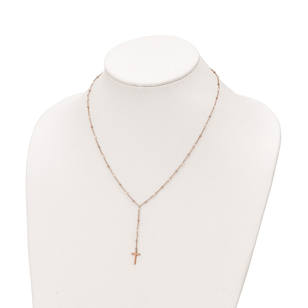 Sterling Silver Rose-Tone Rose Quartz Beaded Cross W/2 In Ext. Necklace