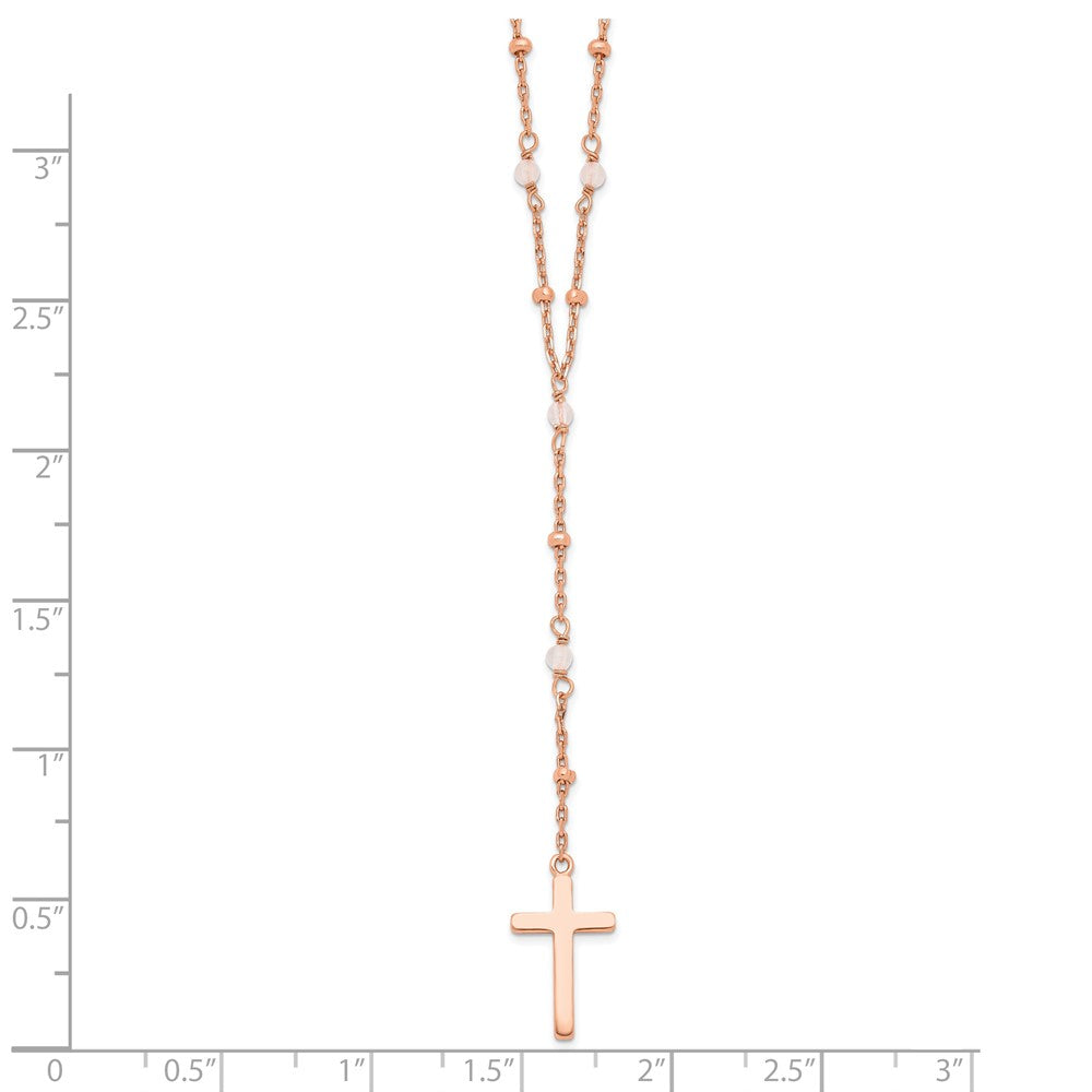 Sterling Silver Rose-Tone Rose Quartz Beaded Cross W/2 In Ext. Necklace