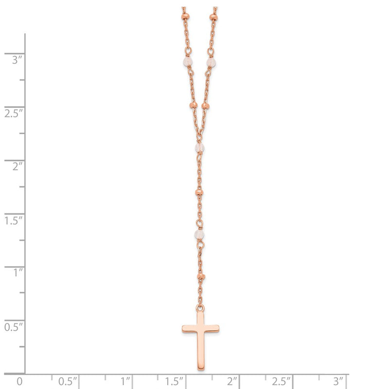 Sterling Silver Rose-Tone Rose Quartz Beaded Cross W/2 In Ext. Necklace