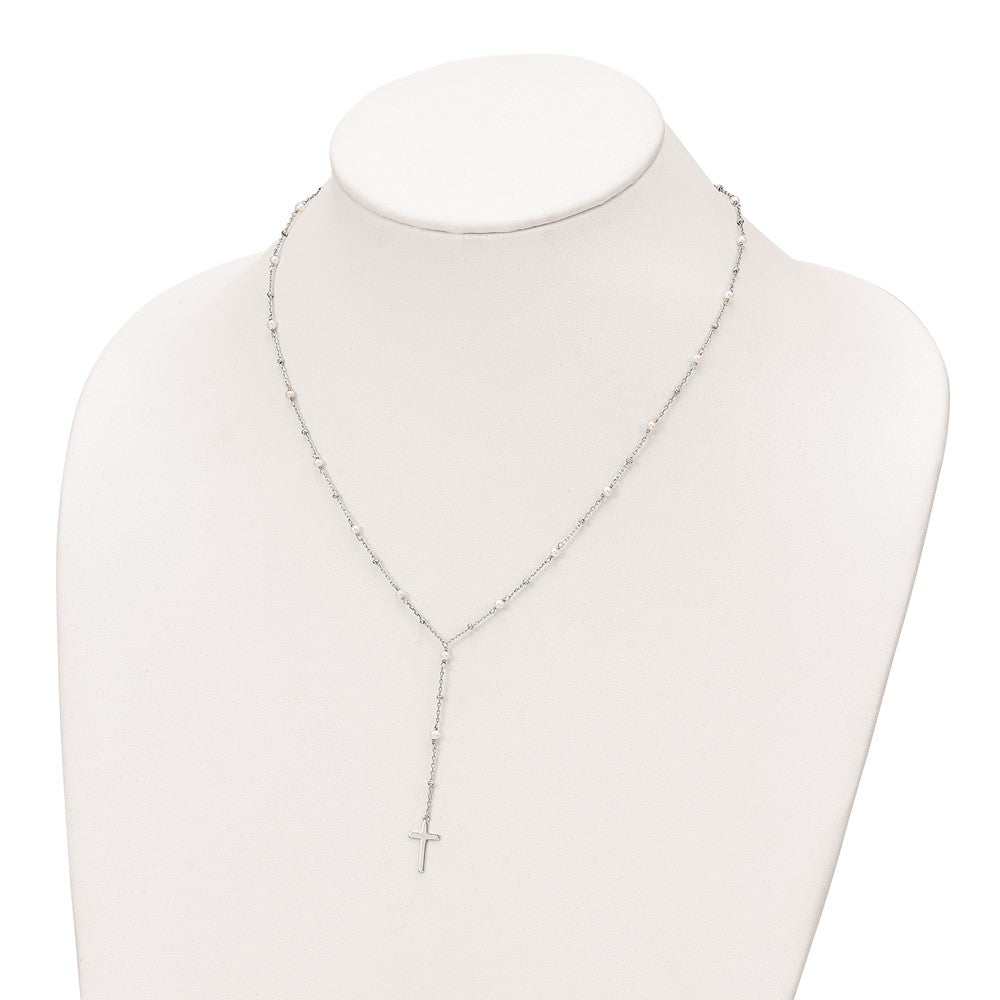 Sterling Silver Rhodium-Plated Beaded Fwc Pearl Cross W/2 In Ext. Necklace