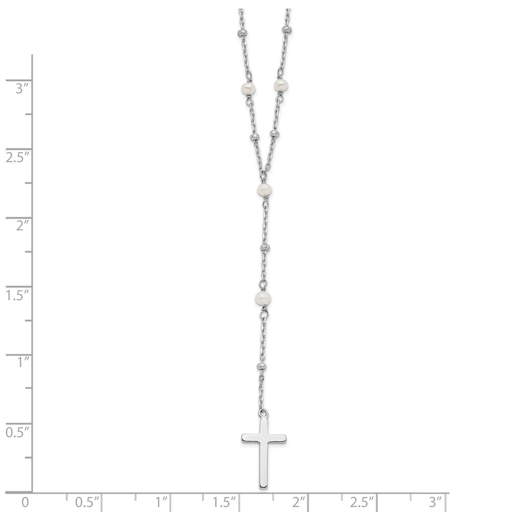 Sterling Silver Rhodium-Plated Beaded Fwc Pearl Cross W/2 In Ext. Necklace