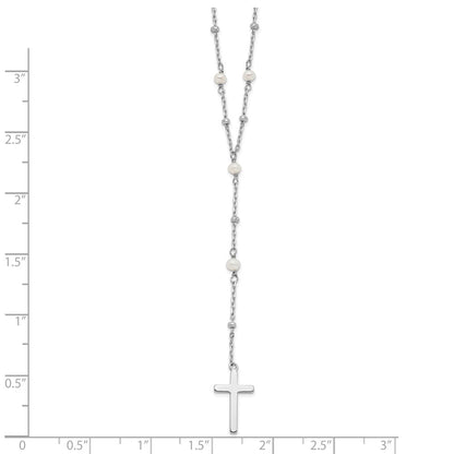 Sterling Silver Rhodium-Plated Beaded Fwc Pearl Cross W/2 In Ext. Necklace