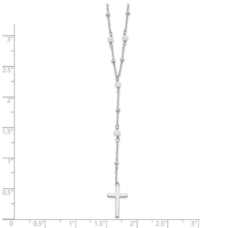 Sterling Silver Rhodium-Plated Beaded Fwc Pearl Cross W/2 In Ext. Necklace